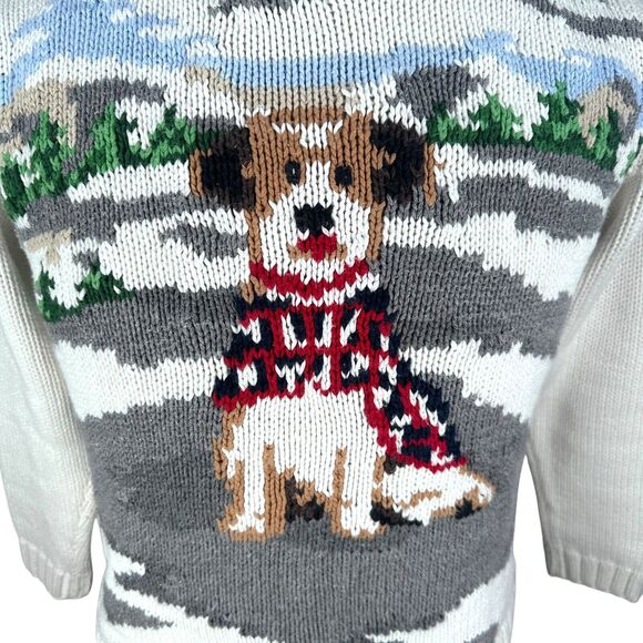 Vintage Liz Claiborne Dog Sweater Womens Small White Knit Cotton Pullover Birds - Picture 2 of 8